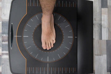 Study of the footprint in podiatry clinic. Top view.Copy space