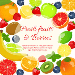 Fresh fruits and berries. Fresh fruits, Natural food, Detox, Healthy eating, Vegan concept. Vector illustration for poster, banner, flyer, menu, cover, advertising.