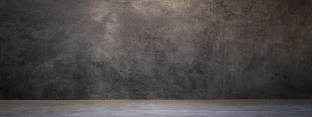 Concrete gray grunge wall. Vintage interior of stone wall and gray cement floor. Old abstract...