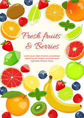 Fresh fruits and berries. Fresh fruits, Natural food, Detox, Healthy eating, Vegan concept. A4 vector illustration for poster, banner, flyer, menu, cover, advertising.