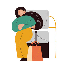 Young sleepy woman standing in public transport and napping