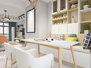 spacious dining room design next to the modern kitchen, with a beautiful dining table and greenery