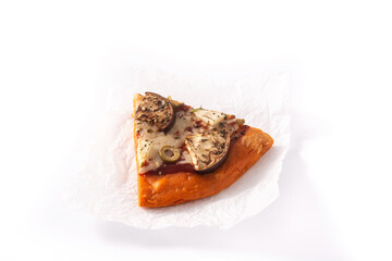 Autumn pumpkin pizza slice with vegetables isolated on white background