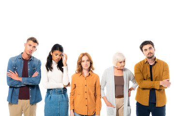 Upset and worried multicultural friends looking at camera isolated on white