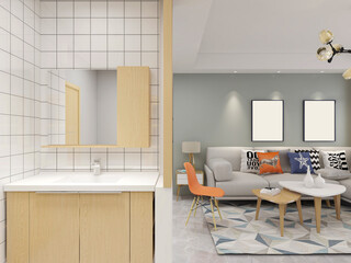 Clean modern residential bathroom and toilet design, which is equipped with washstand, toilet and shower equipment, etc.