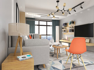 Fototapeta premium spacious living room design of modern residence, with sofa, tea table, decorative painting, etc