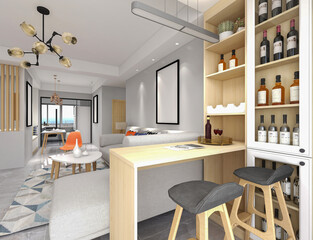 spacious living room design of modern residence, with sofa, tea table, decorative painting, etc