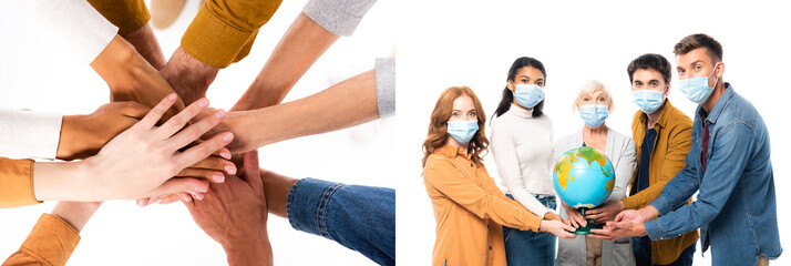 Collage of multiethnic people holding hands and globe while wearing medical masks isolated on white, banner