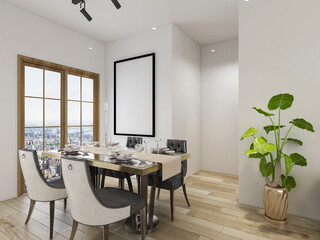 spacious dining room design next to the modern kitchen, with a beautiful dining table and greenery