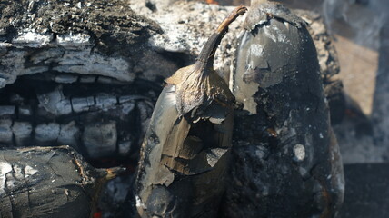 Eggplant on fire with blue flames isolated on fire background