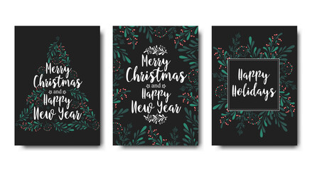 Christmas and New Year vector cards collection with handwritten calligraphy, branches and berries isolated on black background. Design template for greeting card, invitation, poster