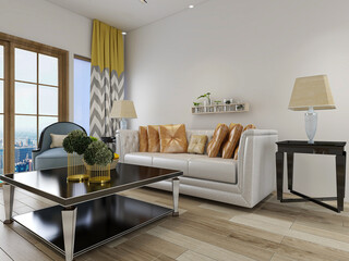 spacious living room design of modern residence, with sofa, tea table, decorative painting, etc