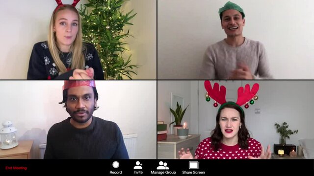 4 Way Split Screen Christmas Group Video Call Amongst Friends Playing Charades