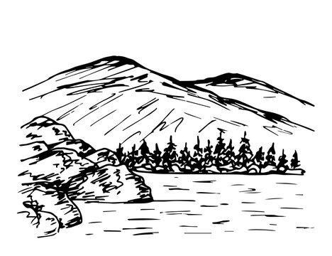 Simple vector ink sketch in engraving style. Rocky shore of a mountain lake, coniferous tree, stone boulder. Landscape, nature, tourism and travel. For print, postcard, label. Black outline drawing