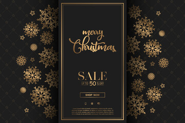 Merry Christmas sale vector banner with gold lettering and snowflakes decoration isolated on black background. Elegant design card, poster, for advertising, promotion, flyer, invitation