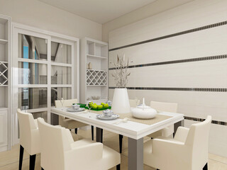 spacious dining room design next to the modern kitchen, with a beautiful dining table and greenery