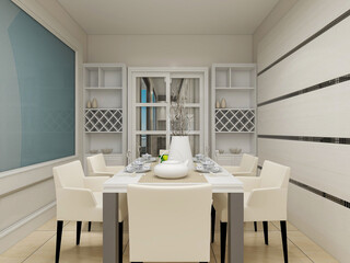 spacious dining room design next to the modern kitchen, with a beautiful dining table and greenery