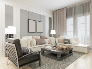 Naklejka na ściany i meble spacious living room design of modern residence, with sofa, tea table, decorative painting, etc