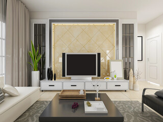 Fototapeta na wymiar spacious living room design of modern residence, with sofa, tea table, decorative painting, etc