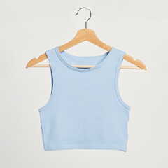 Baby blue cropped top on a wooden hanger