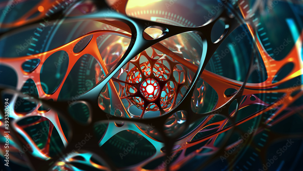 Fototapete AI concept. Sci-fi 3D illustration. Digital brain, mind and intertwining of synthetic neurons. Electrical impulses in a synthetic neural network. High technologies in world of future