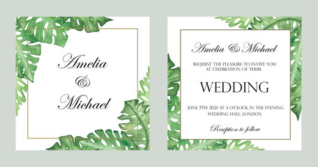 Fototapeta na wymiar Watercolor hand painted nature tropical wedding frames set with green palm leaves bouquet, golden border lines and text invitation card collection on the white background
