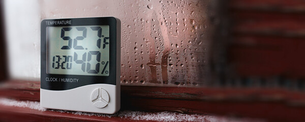 Humidity indicator is indicated on the hygrometer of the device. An image of electronic device to...