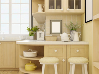 Modern family kitchen design, new cabinets and kitchenware with refrigerators, sunlight from the window.