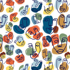 One line art faces Pattern.Minimalistic style. Modern continuous line art heads pattern
