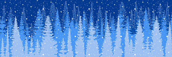 Fantasy on the theme of the winter landscape. Falling snow, forest and blizzard. Vector illustration, banner.
