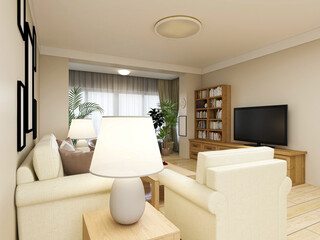 spacious living room design of modern residence, with sofa, tea table, decorative painting, etc