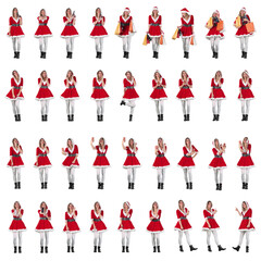 Collection of many female Santa Claus in red dress with gun, cellphone, bags posing and kissing. Full body isolated on white background. 
