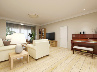 spacious living room design of modern residence, with sofa, tea table, decorative painting, etc