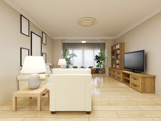 spacious living room design of modern residence, with sofa, tea table, decorative painting, etc
