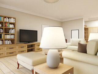 spacious living room design of modern residence, with sofa, tea table, decorative painting, etc