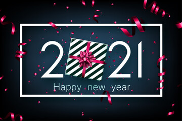 White 2021 sign with present box on dark blue background.