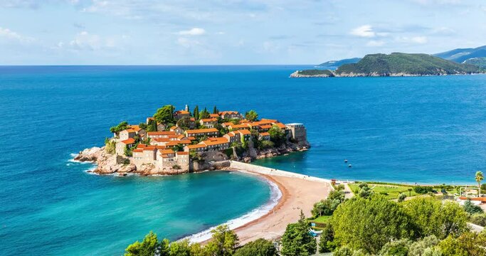 Sveti Stefan Island near Budva town, Montenegro, time lapse