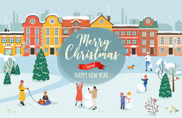 Vector illustration with the congratulation of the Merry Christmas and a happy new year. Winter christmas cityscape with active people, which walk, playing snowballs, making snowman.