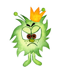 Watercolor illustration of a virus with a corona on its godlov, new coronavirus bacteria 2019-nCoV. Green cartoon bacterium isolated on white background. Drawn by hand.