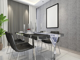 spacious dining room design next to the modern kitchen, with a beautiful dining table and greenery