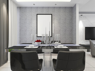 spacious dining room design next to the modern kitchen, with a beautiful dining table and greenery