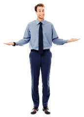 Comparison concept - confident businessman showing, holding or giving something on both flat hands for similar choice, isolated on white background. Copyspace for some text. Full body portrait