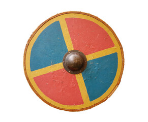 A round Viking type shield, painted in red, blue and yellow.