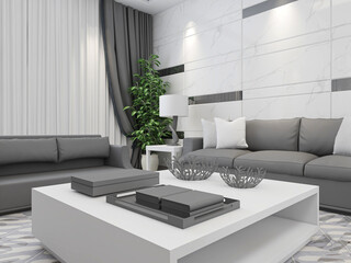  simple modern living room sofa with coffee table, with green plants on the table.