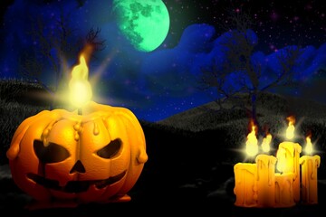 Halloween vivid haunting dark night texture - pumpkin candle on the left and many candles on the right, glowing candles concept - background design template 3D illustration