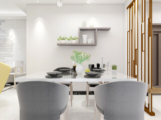 spacious dining room design next to the modern kitchen, with a beautiful dining table and greenery