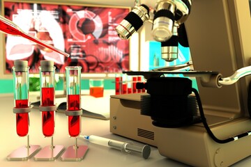 lab proofs in medical university facility - blood sample gene test for virus eg coronavirus, medical 3D illustration