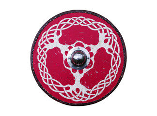 A round wooden shield, painted with a tree knotwork pattern