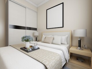 elegant and modern bedroom design, big bed with overcoat cabinet, coffee table