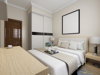 elegant and modern bedroom design, big bed with overcoat cabinet, coffee table